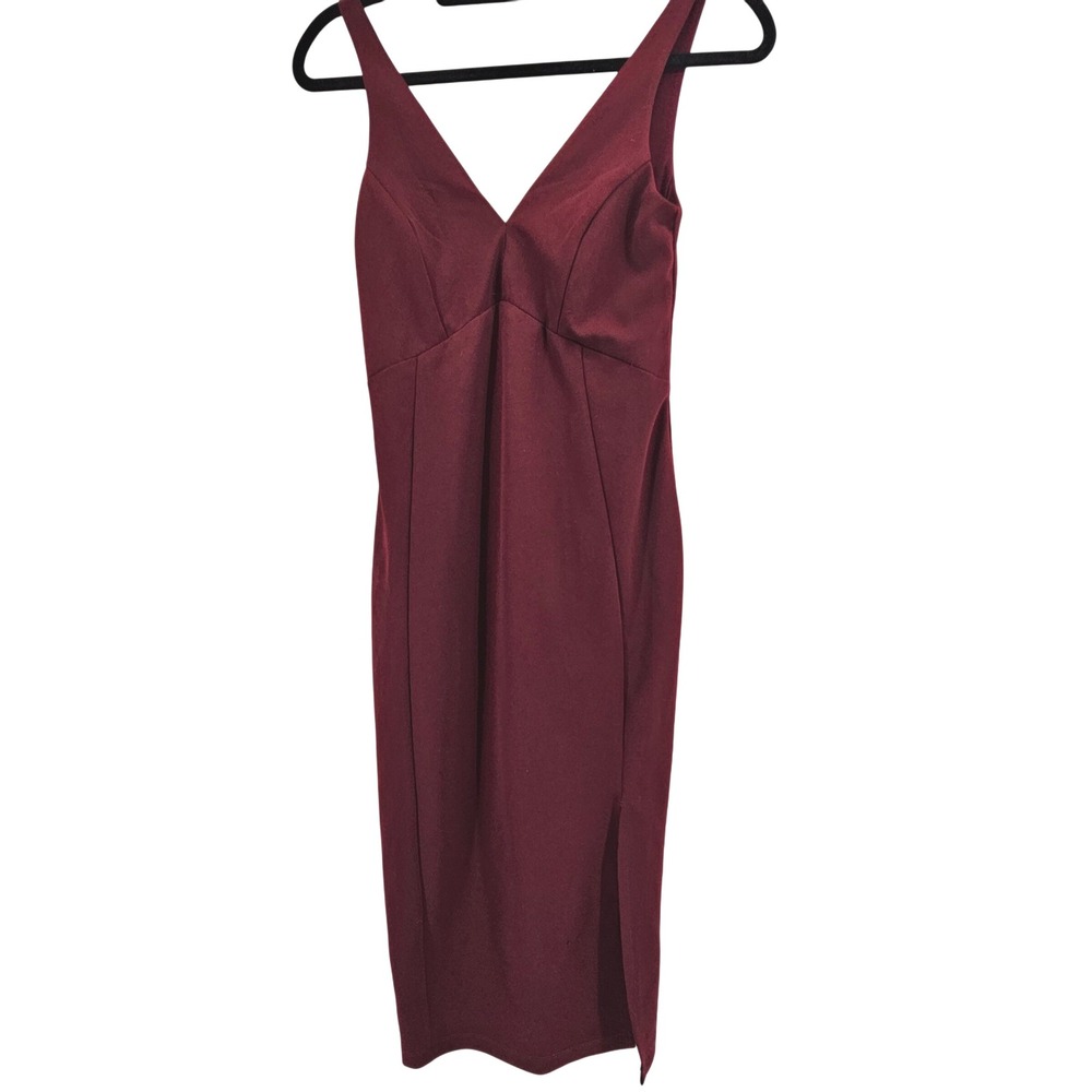 Lulus Burgundy V Neck Babydoll Holiday Midi Dress Side Slit XS Romantic Vamp